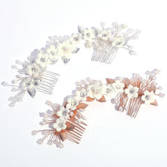 Delicate handmade white ceramic flower pearl bead bridal hair combs