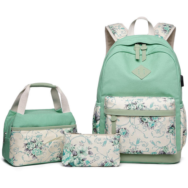 3PCS flower pattern canvas large storage school bag lunch bag pencil case set