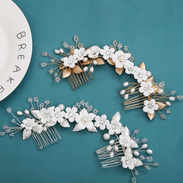 Delicate handmade white ceramic flower pearl bead bridal hair combs