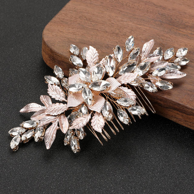 Handmade metal leaf crystal stone wedding hair combs