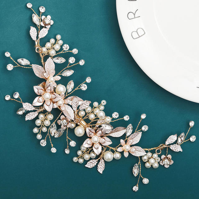 Handmade pearl bead metal flower leaf bridal hair clips
