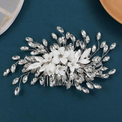 Handmade delicate diamond flower white ceramic bridal hair combs