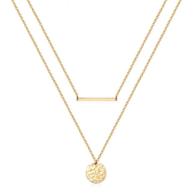 18K gold coin pendant two layer bar stainless steel necklace