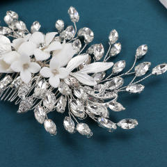 Handmade delicate diamond flower white ceramic bridal hair combs