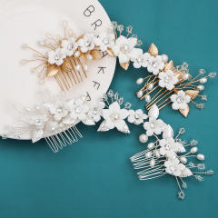 Delicate handmade white ceramic flower pearl bead bridal hair combs