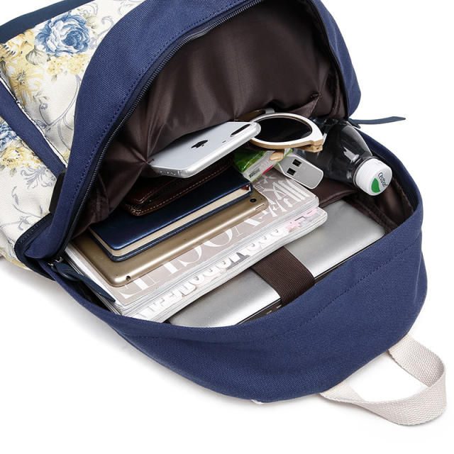 3PCS flower pattern canvas large storage school bag lunch bag pencil case set