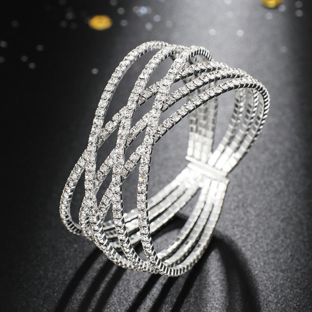 6 rows personality corss design diamond cuff bangle bracelet