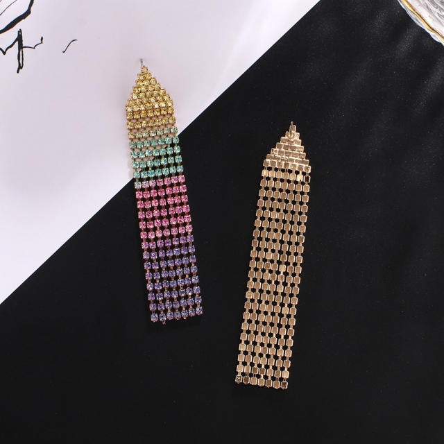 Super shiny colorful rhinestone tassel prom earrings