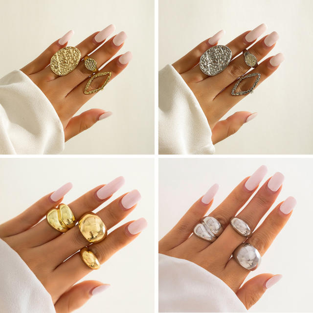 Geometric design chunky metal finger rings set stackable rings