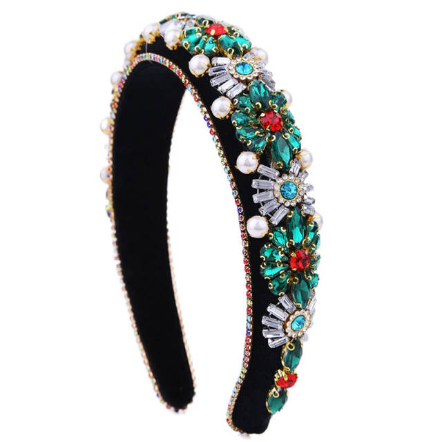 Baroque color glass crystal statement flower padded headband