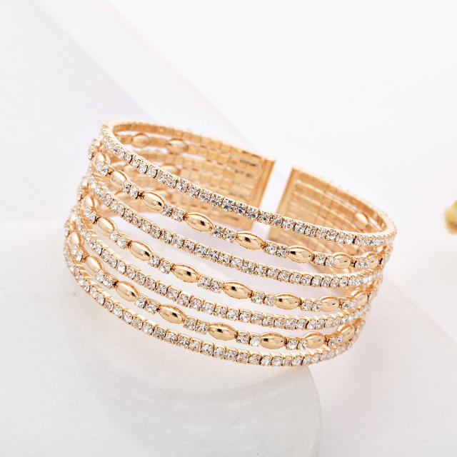 Diamond multi layer cuff bangle bracelet