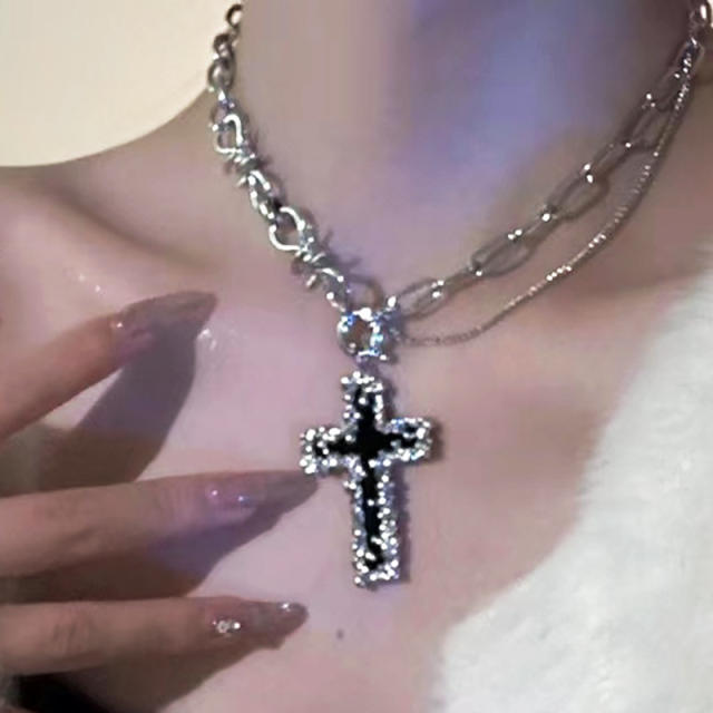 Y2K diamond cross pendant choker necklace