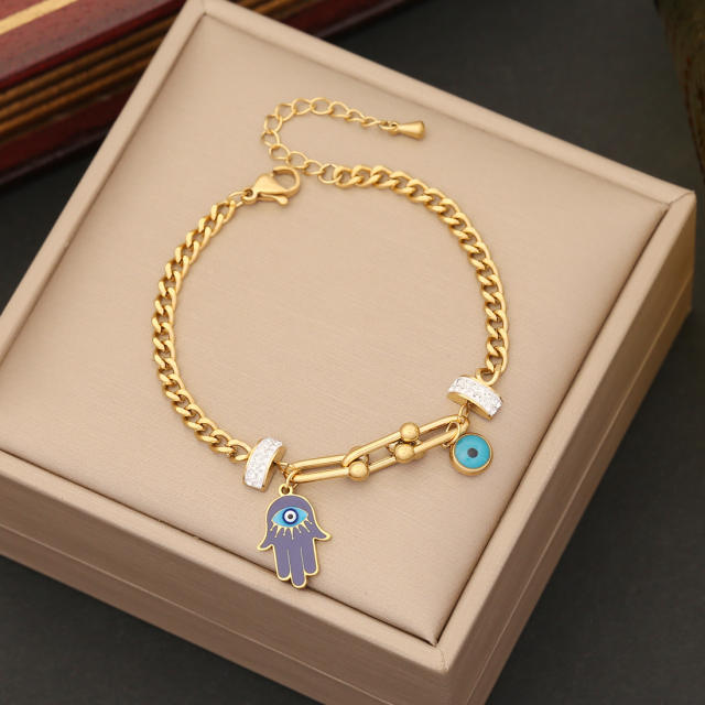 Personality diamond clover evil eye hasma hand charm stainless steel chain bracelet
