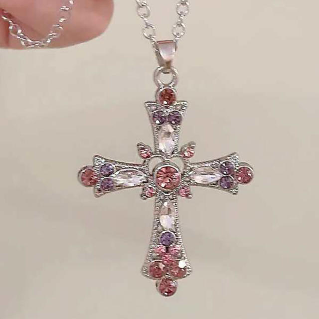 Y2K diamond cross pendant choker necklace
