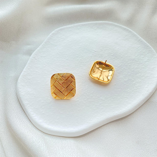 925 needle gold plated copper braid square studs earrings