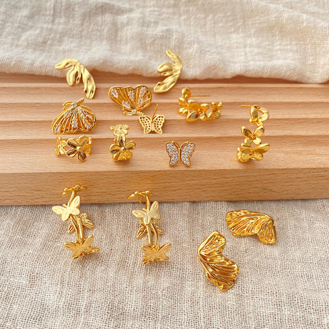 Chic design animal series butterfly real gold plated copper earrings