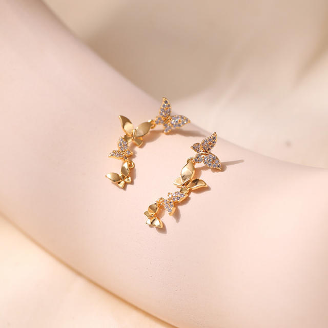 925 needle delicate diamond butterfly gold plated copper earrings