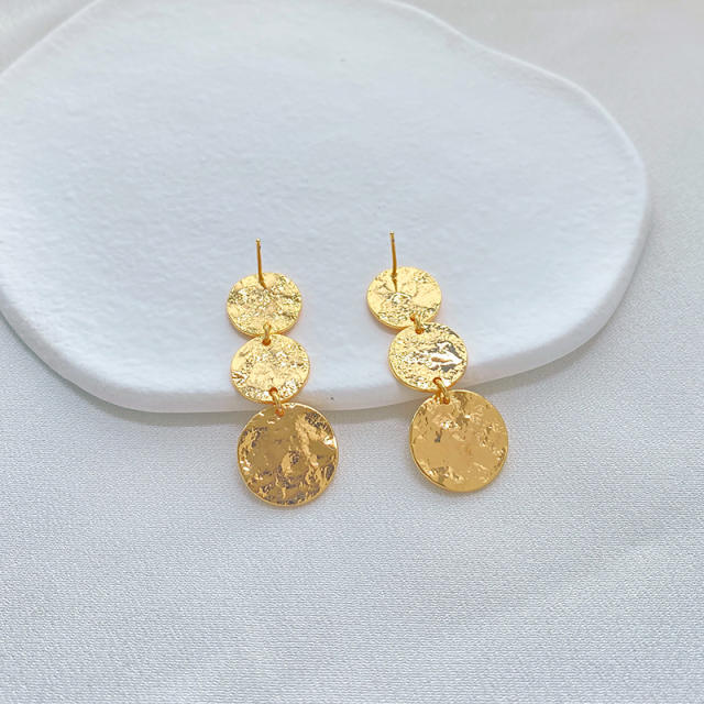 925 needle real gold plated copper round piece dangle earrings