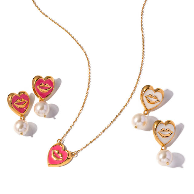 Sweet water pearl drop enamel heart stainless steel necklace earring set