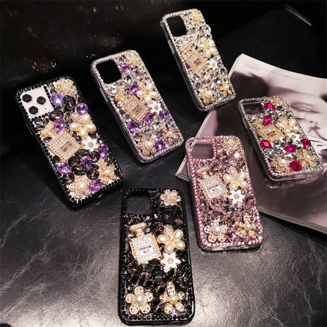 Colorful glass crystal pearl flower perfume bottle diamond phone case