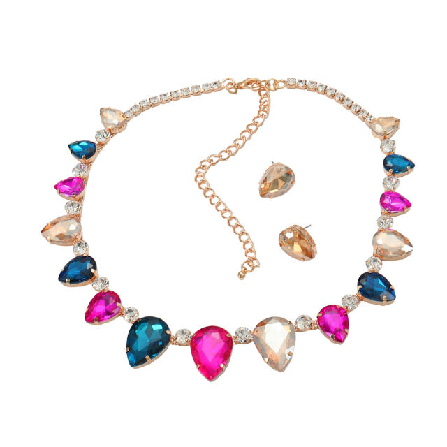Popular glass crystal statement chunky prom party necklace set