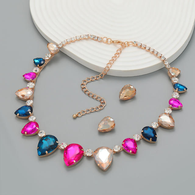 Popular glass crystal statement chunky prom party necklace set
