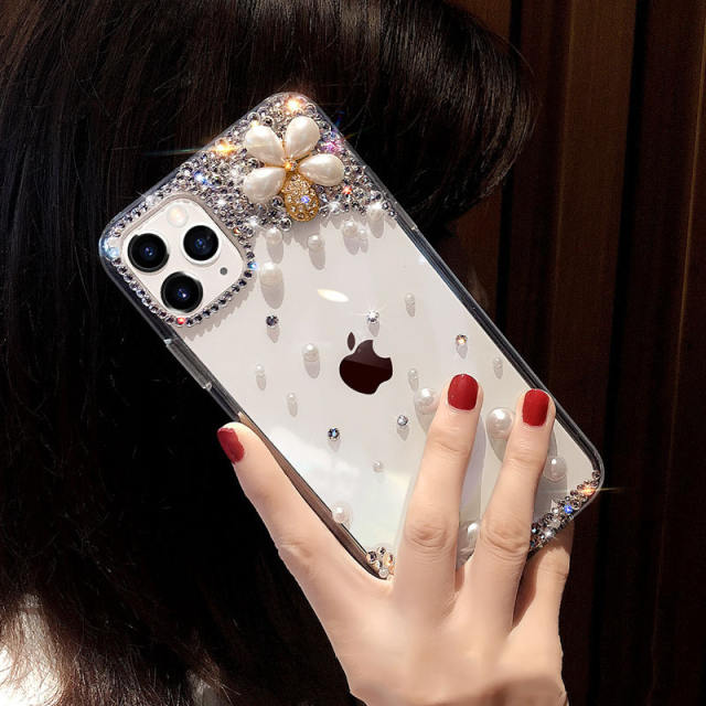Creative clear diamond pearl flower phone case