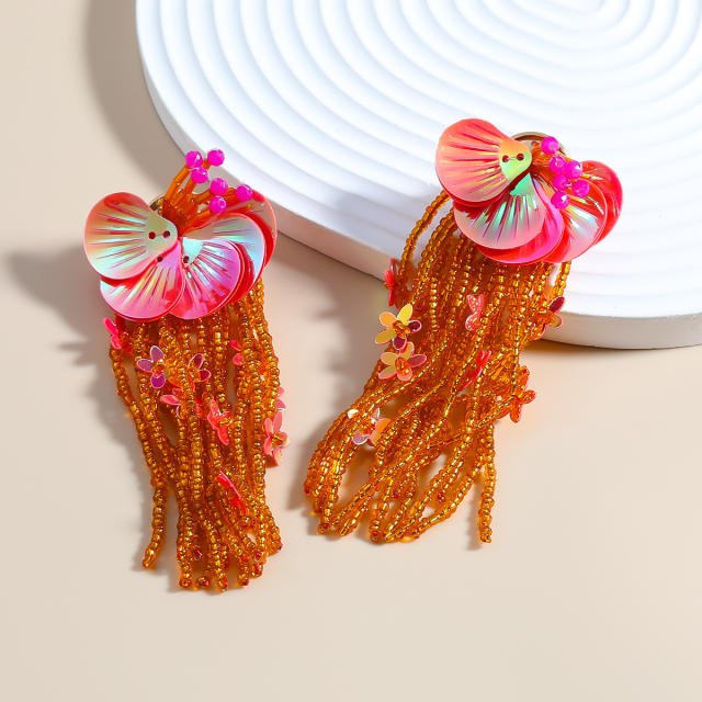 Boho colorful flower bead tassel women holiday earrings