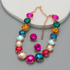Chunky round shape glass crystal statement prom party necklace set