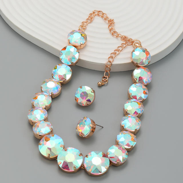 Chunky round shape glass crystal statement prom party necklace set