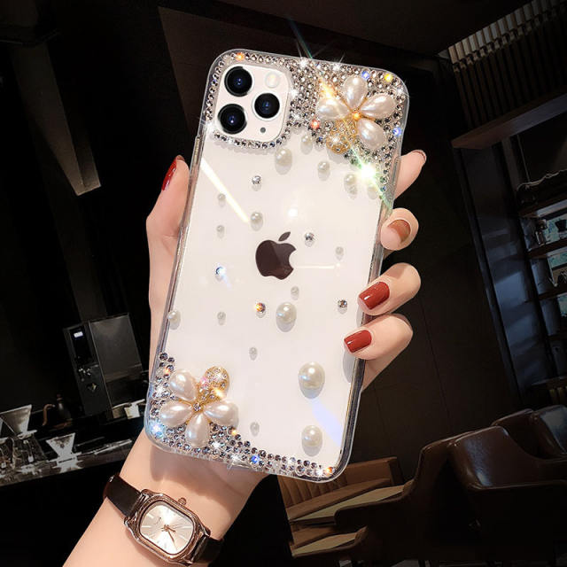 Creative clear diamond pearl flower phone case