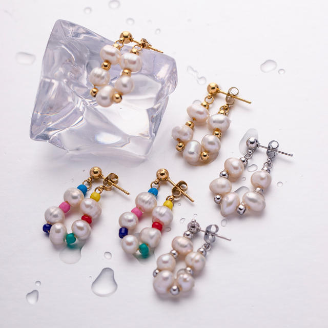 16K gold plated water pearl bead stainless steel earrings