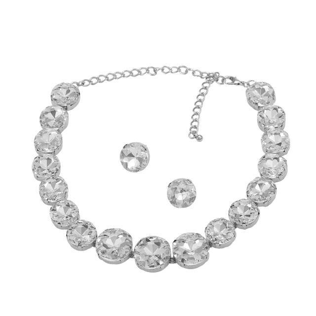 Chunky round shape glass crystal statement prom party necklace set