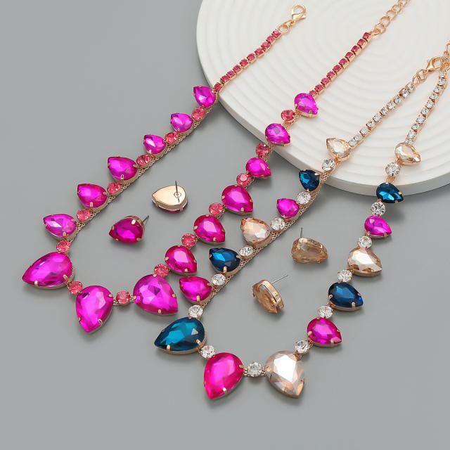 Popular glass crystal statement chunky prom party necklace set