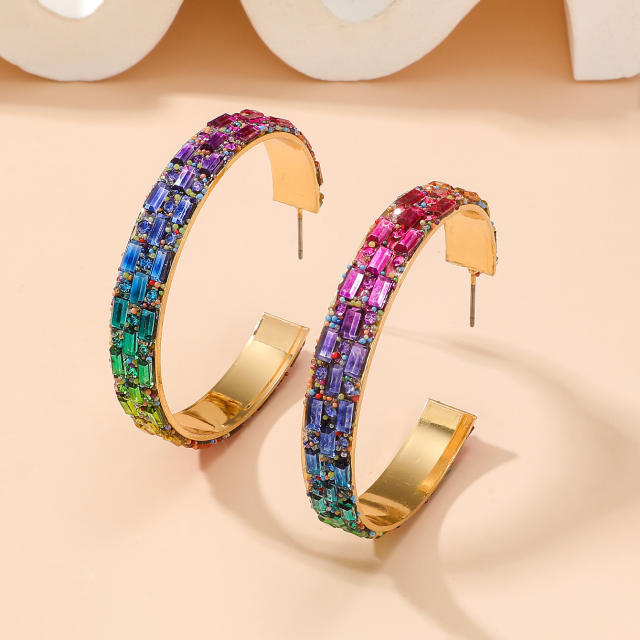 Delicate colorful rhinestone chunky hoop earrings