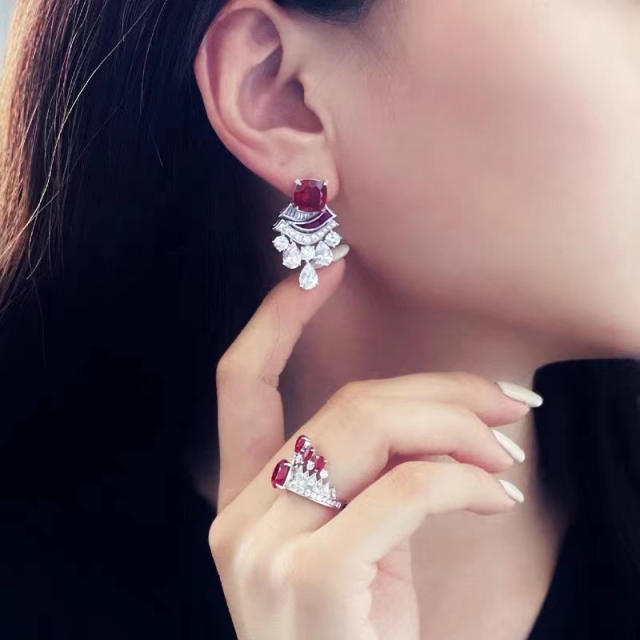 Luxury ruby cubic zircon statement earrings rings set