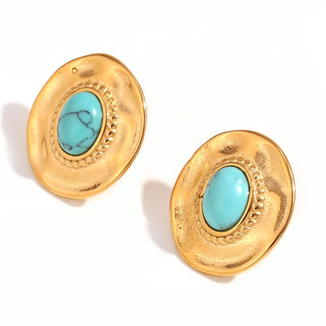 Vintage oval shape turquoise statement stainless steel earrings