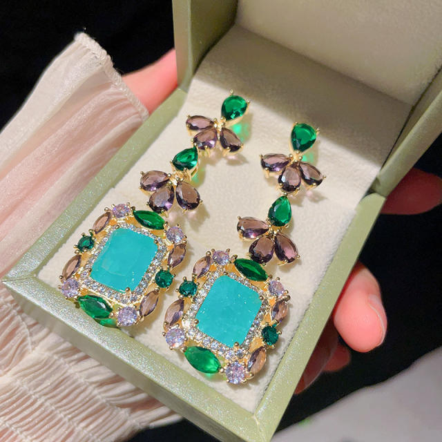 925 needle fresh green color cubic zircon crystal dangle earrings for women