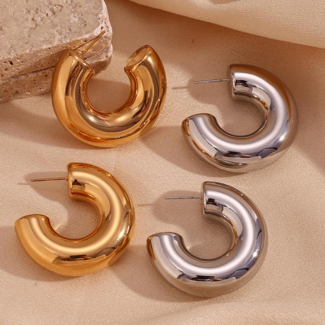 18K gold plated hollow out chunky bold stainless steel hoop earrings