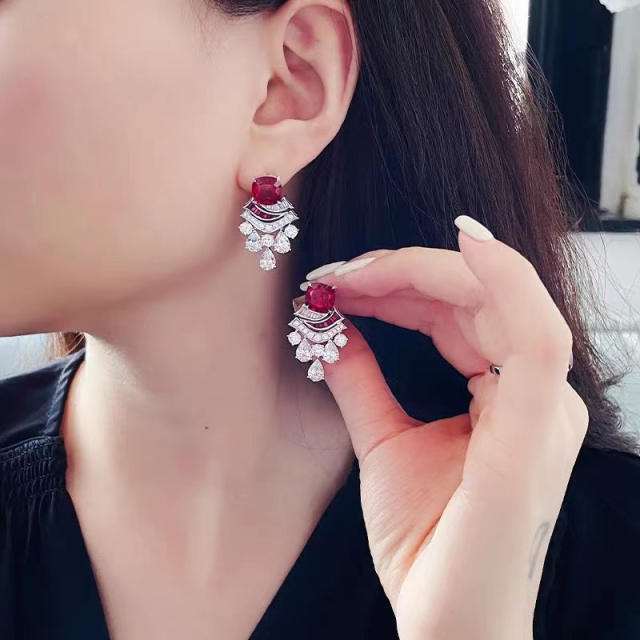 Luxury ruby cubic zircon statement earrings rings set