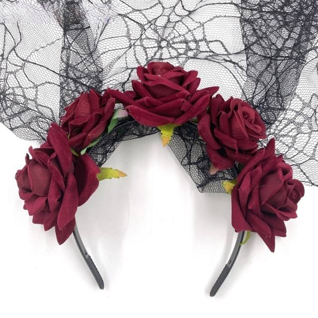 Halloween Día de Muertos fabric flower headband with black veil