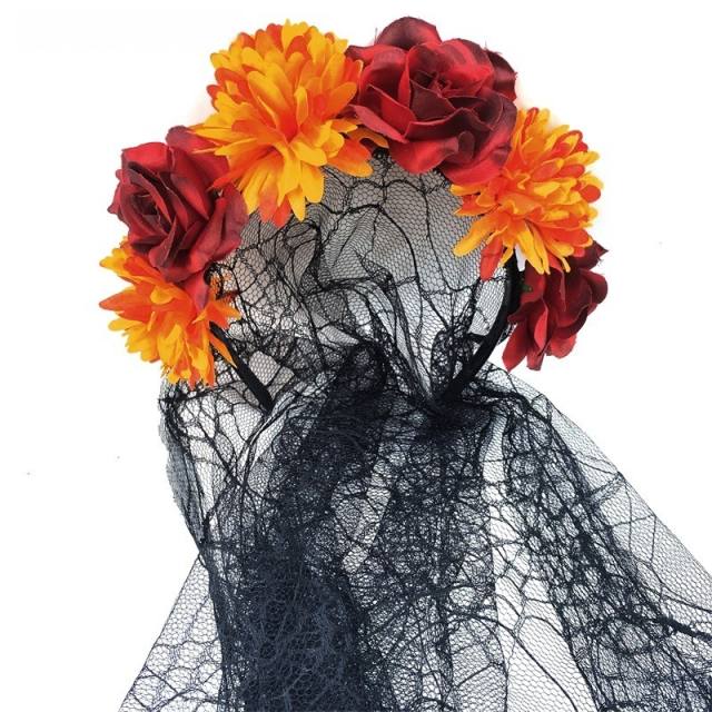 Halloween Día de Muertos fabric flower headband with black veil