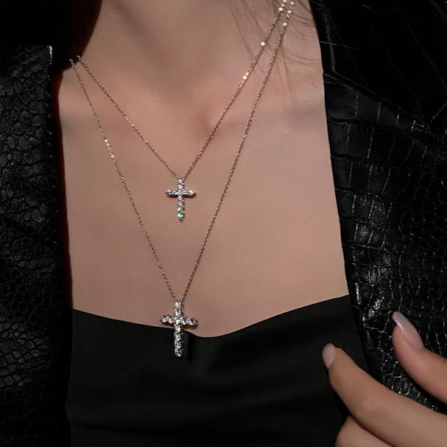 Diamond cross pendant stainless steel chain two layer necklace