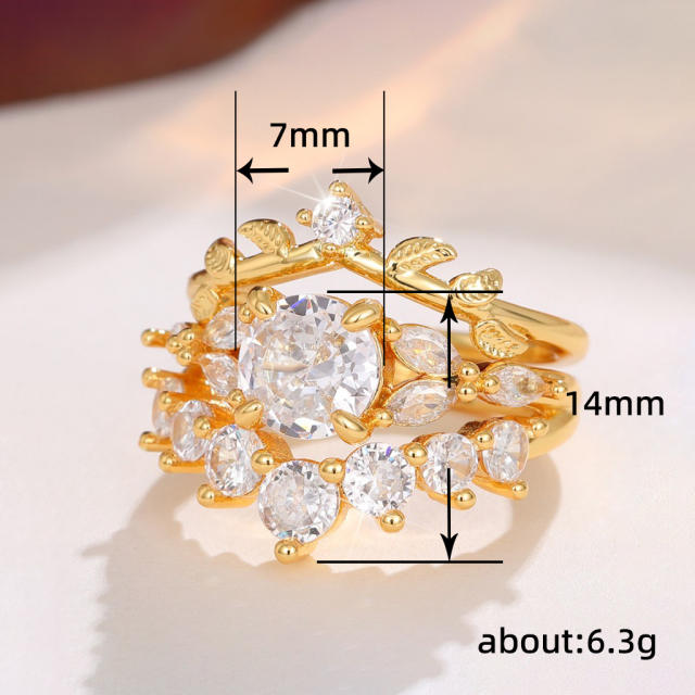 Delicate gold color leaf two piece wedding diamond rings set
