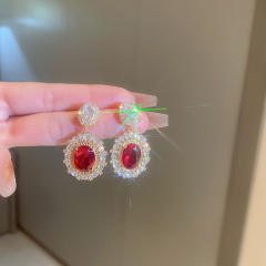 Delicate vintage palace trend ruby oval cubic zircon drop earrings