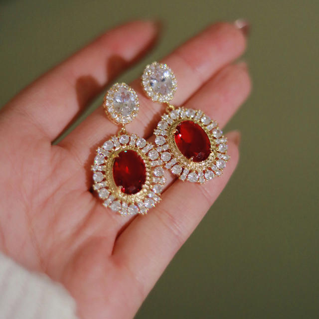 Delicate vintage palace trend ruby oval cubic zircon drop earrings