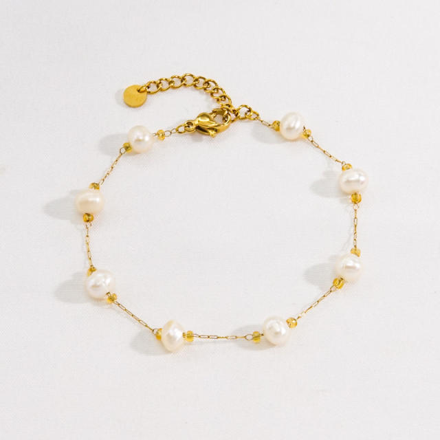 Chic natural pearl bead stainless steel necklace bracelet set
