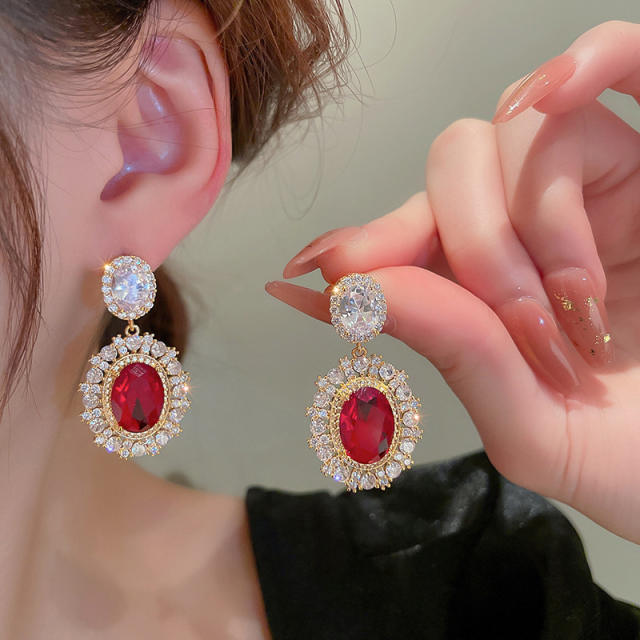 Delicate vintage palace trend ruby oval cubic zircon drop earrings