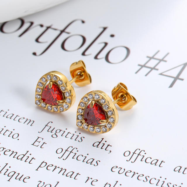 18K ruby cubic zircon statement stainless steel studs earrings