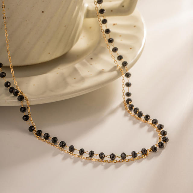 18K black bead two layer stainless steel necklace